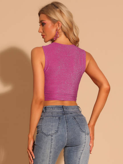 Allegra K- Glitter Sleeveless Round Neck Criss Cross Crop Top