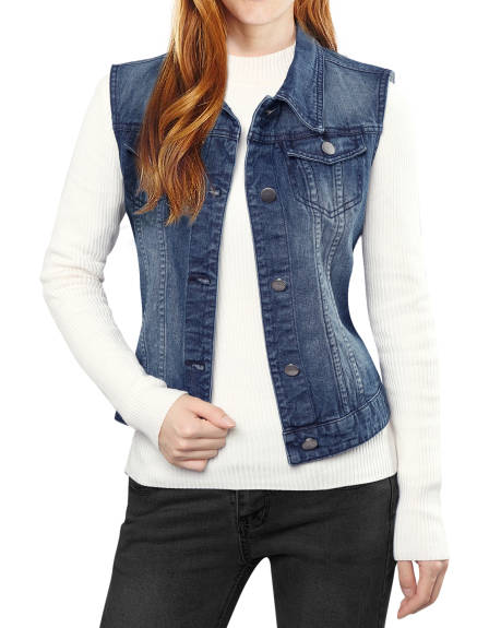 Allegra K- Washed Denim Buttoned Vest with Flap Pockets