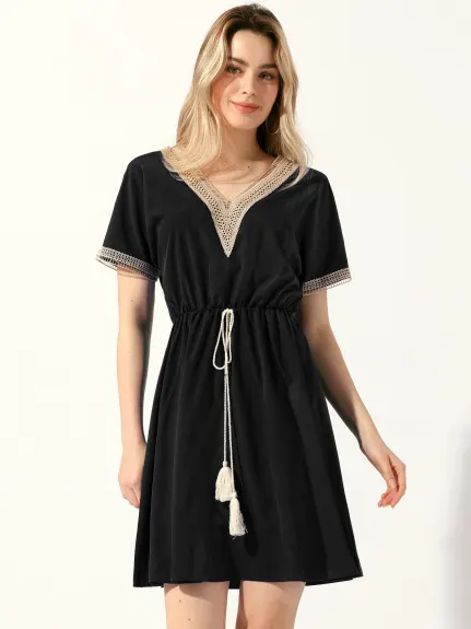 Allegra K - Robe à manches courtes avec bordure en crochet et col en V