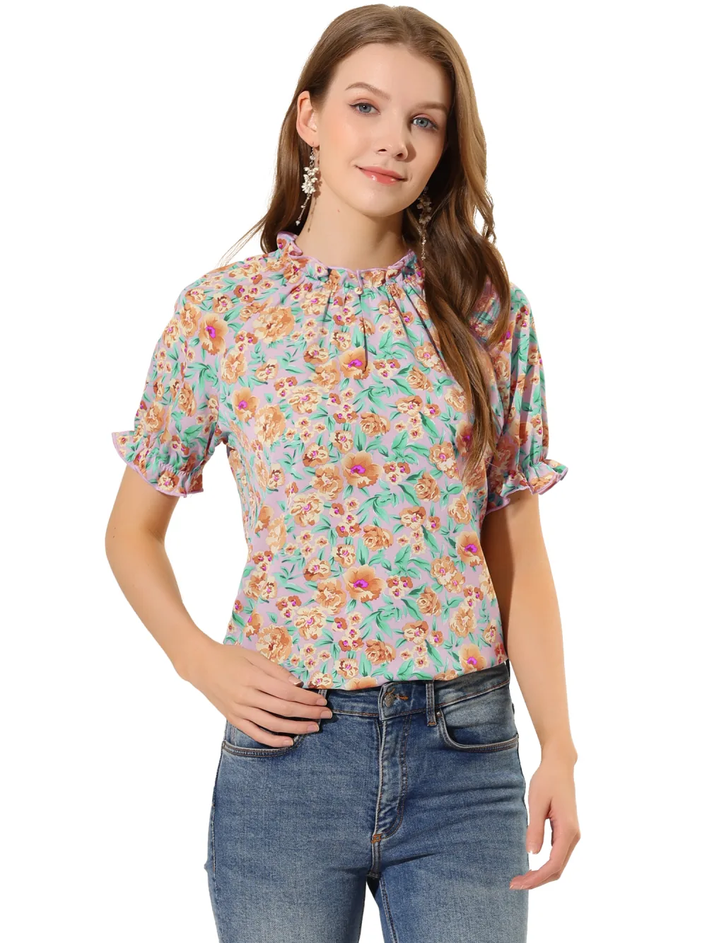 Allegra K- Floral Short Sleeve Ruffle Neck Blouse