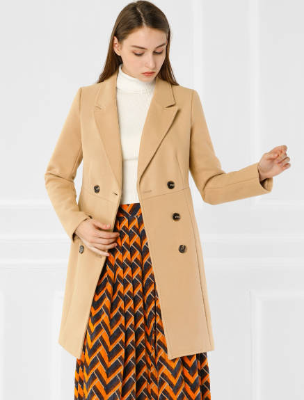 Allegra K- Notched Lapel Double Breasted Long Trenchcoat