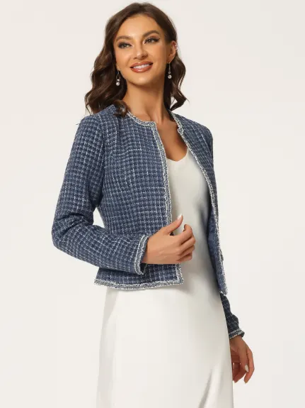 Allegra K- Plaid Tweed Open Front Short Blazer