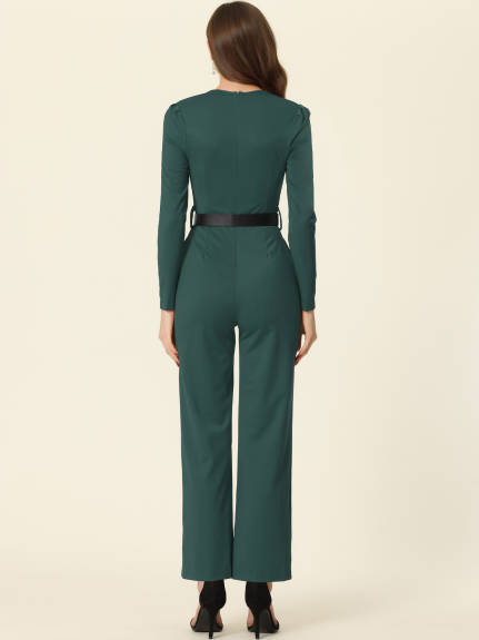 Allegra K - Square Neck Long Sleeve Straight Jumpsuit