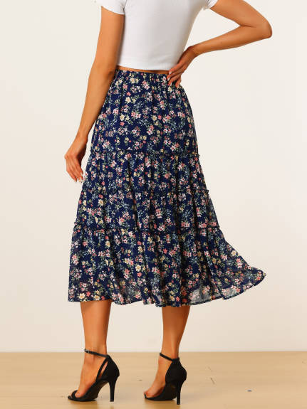 Allegra K- Floral Tiered A-Line Long Chiffon Skirt