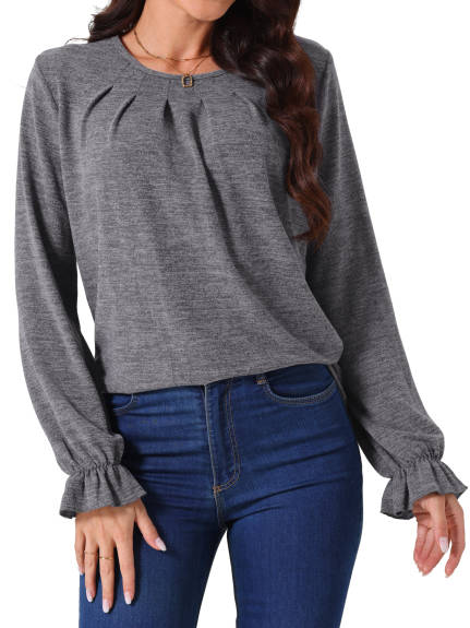 INSPIRE CHIC - Crew Neck Smocked Cuff Long Sleeve Blouse