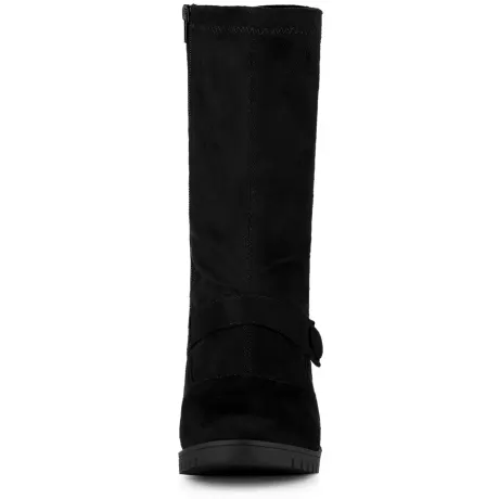 Allegra K- Buckle Decor Low Heel Solid Mid Calf Boots