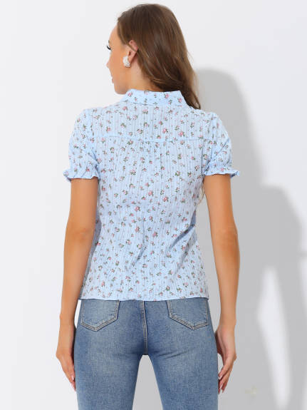 Allegra K - Frilled Short Sleeve Floral Cotton Shirt