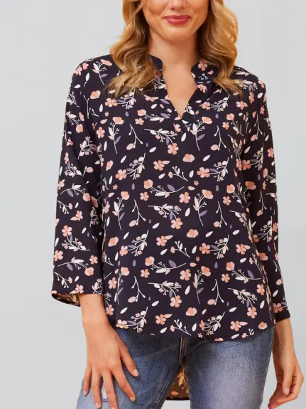 Annick - Sherine Blouse Floral Print V Neck Navy