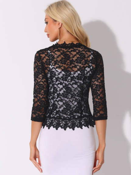 Allegra K- Floral Lace 3/4 Sleeve Bolero Cardigan