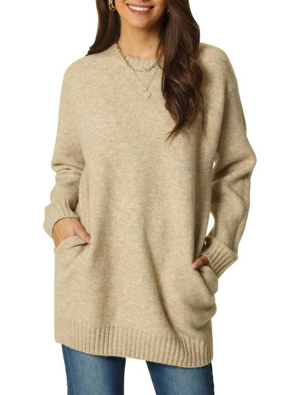 Allegra K- Round Neck Pullover Sweater with Pockets