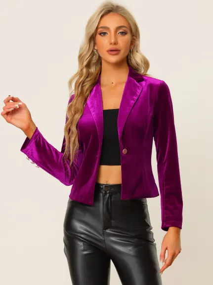 Allegra K- 1 Button Velvet Blazer Lapel Crop Suit Jacket