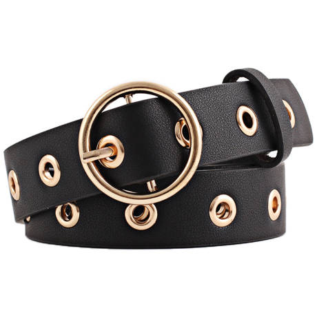 Allegra K- Studded Grommet Circle Metal Buckle Leather Belt