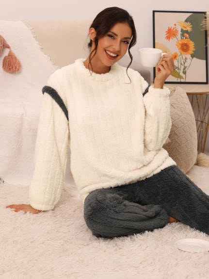 cheibear - Fluffy Fleece Pullover Winter Sleepwear Set