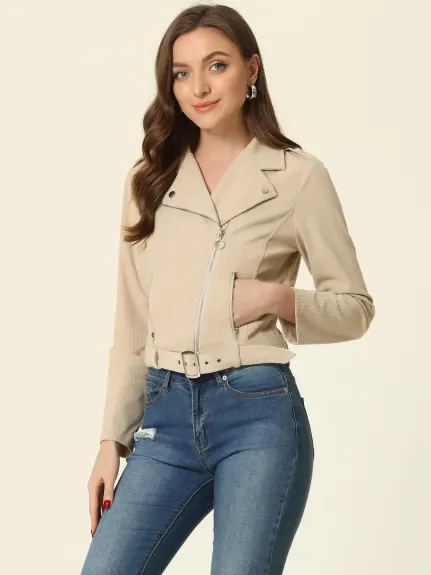 Allegra K- Corduroy Notched Lapel Zipper Jacket