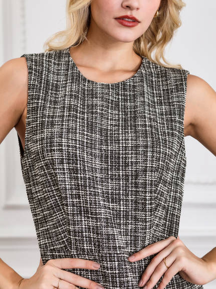 Hobemty - Plaid Sleeveless A-Line Tweed Dress