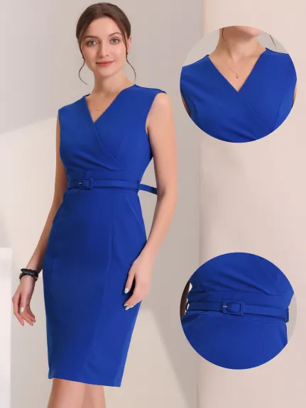 Allegra K- Sheath Sleeveless V Neck Belt Pencil Dress