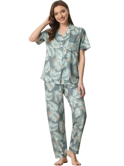 cheibear - Button Down Satin Floral Summer Pajamas Set