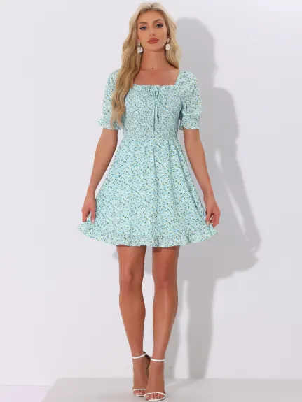 Allegra K- Puff Sleeve Square Neck Ruffled Hem Floral Smocked Dress