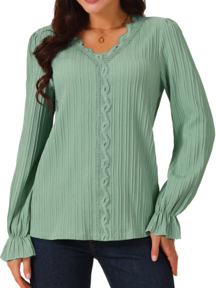 Allegra K - Lace V Neck Lantern Sleeve Casual Top