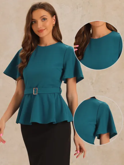 Allegra K - Bell Sleeve Belted Waist Peplum Top