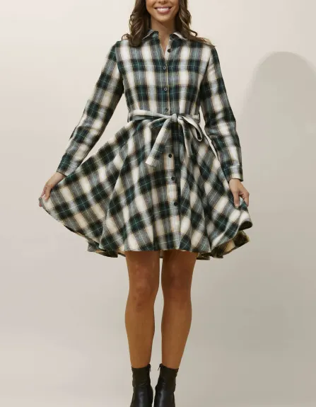 Annick - Fiona Shirt Dress Waist Tie Plaid Print Green