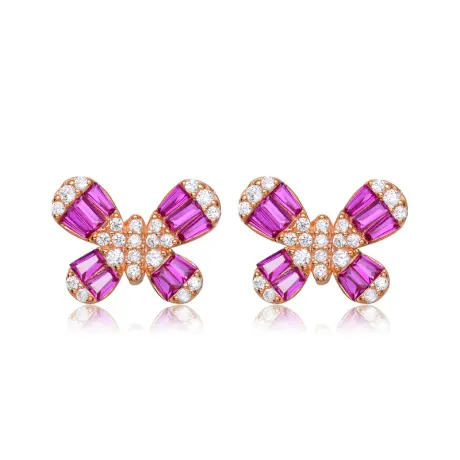 Genevive Sterling Silver with Colored Baguette Cubic Zirconia Butterfly Stud Earrings