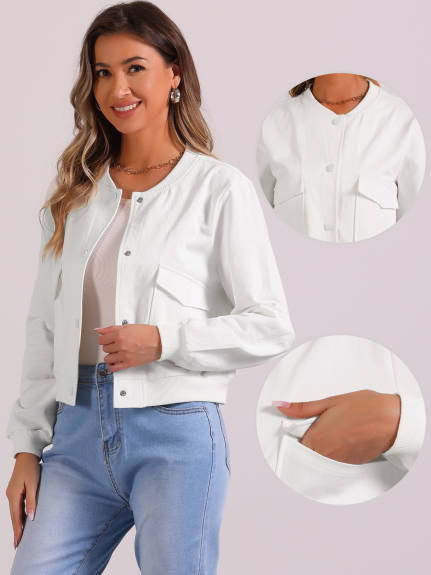 Allegra K - Stand Collar Cropped Bomber Jacket