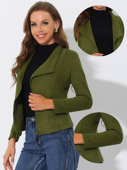 Allegra K- Faux Suede Open Front Lapel Draped Jacket Cardigan