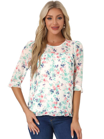 Allegra K- Floral Ruffled 3/4 Sleeve Chiffon Blouses