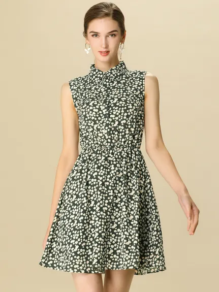 Allegra K- Printed Half Placket Sleeveless Belted Dress