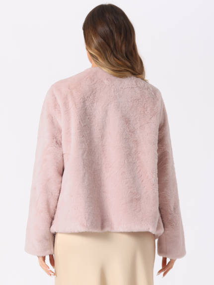 Allegra K - Pearl Button Faux Fur Coat Jacket