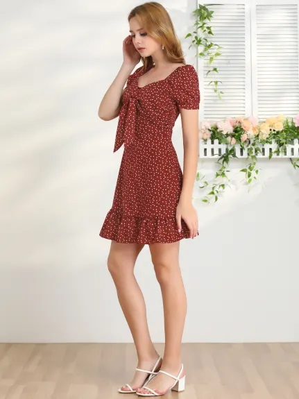 Allegra K- Heart Neckline Puff Sleeve Ruffled Hem Tie Knot Mini Dress