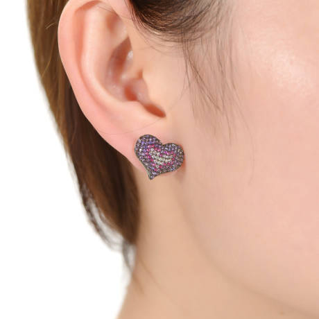 Genevive Sterling Silver Two-Tone with Multi Colored Cubic Zirconia Heart Stud Earrings