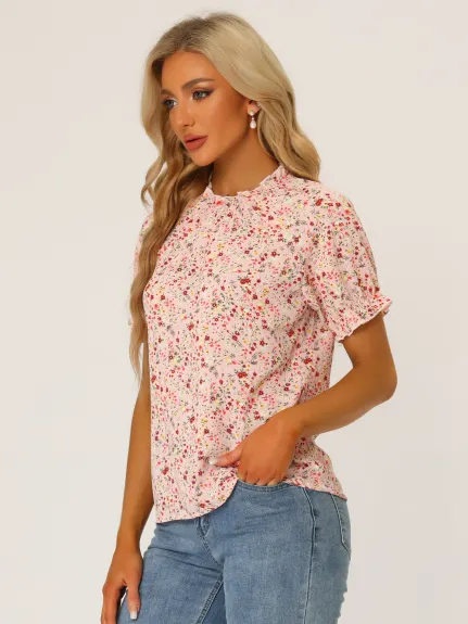 Allegra K- Floral Short Sleeve Ruffle Neck Blouse