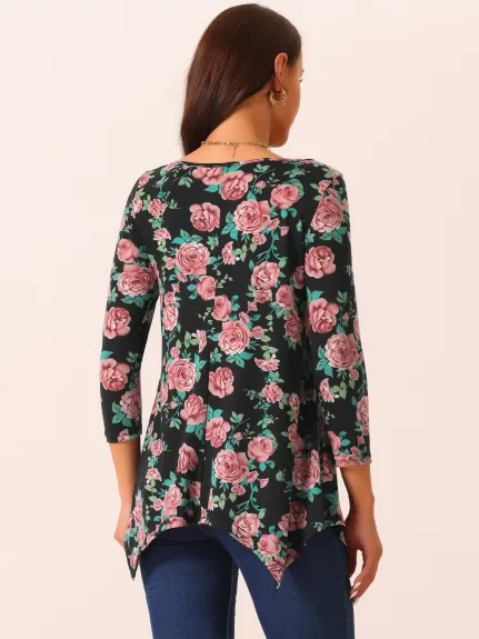 Allegra K - Floral 3/4 Sleeve Asymmetrical Tunic Top