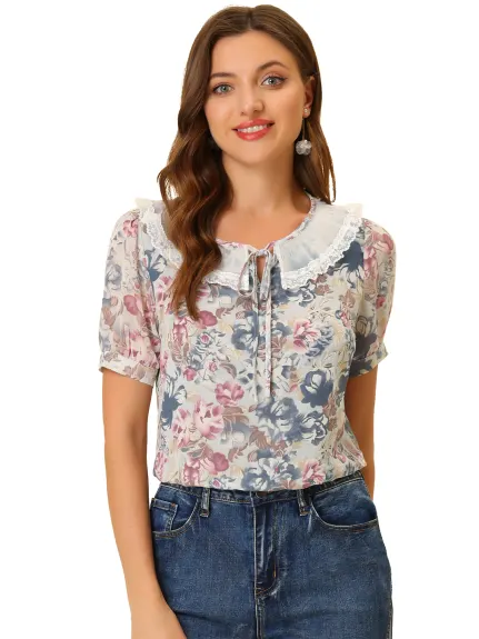 Allegra K - Lace Collar Tie Neck Summer Floral Chiffon Top