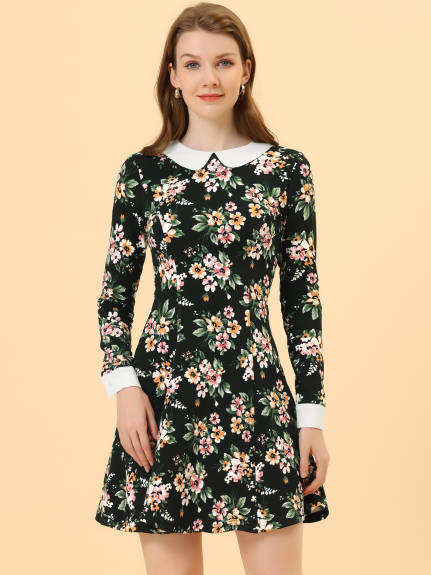 Allegra K- Peter Pan Collar Long Sleeve Above Knee A-Line Dress