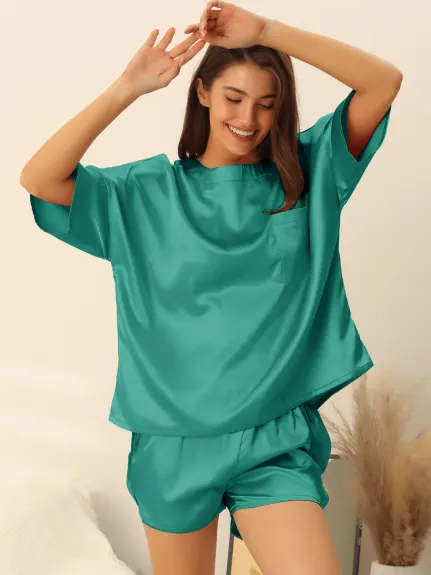 cheibear - Satin Sleepwear 2pcs Lounge Shorts and T-Shirt