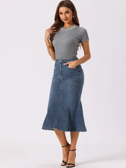 Allegra K- Washed Denim Fishtail Midi Bodycon Skirt