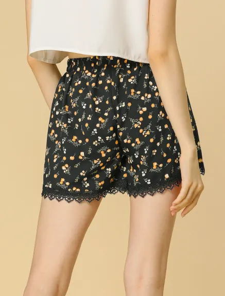 Allegra K - Elastic Waist Lace Trim Summer Floral Shorts