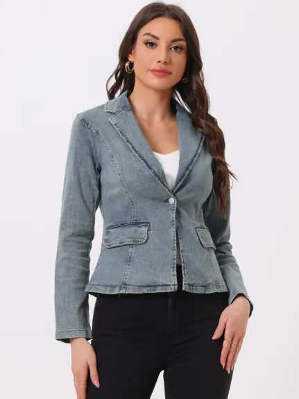 Allegra K- Notched Lapel One Button Washed Denim Blazer