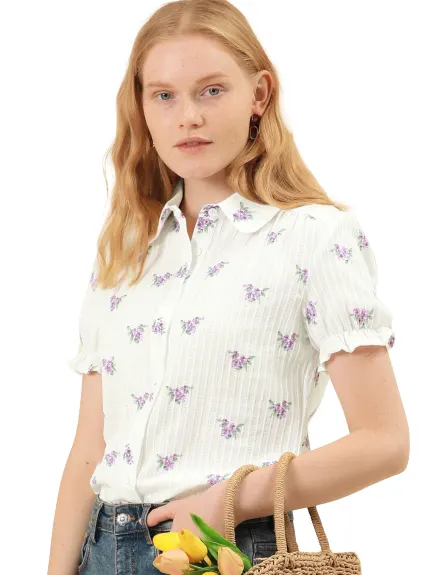 Allegra K - Frilled Short Sleeve Floral Cotton Shirt