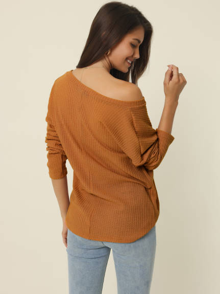 Allegra K- V Neck Waffle Knit Long Sleeve Slim Fit Top