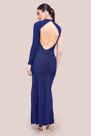 Goddiva - Open Lurex Back One Sleeve Maxi Dress