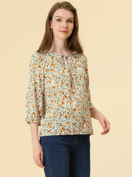 Allegra K- Tie V Neck Ruffled 3/4 Sleeve Floral Blouse