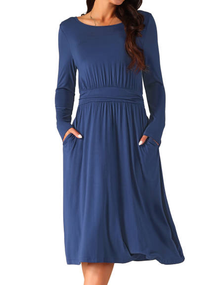 Allegra K - Long Sleeve Crewneck Midi Dress with Pockets