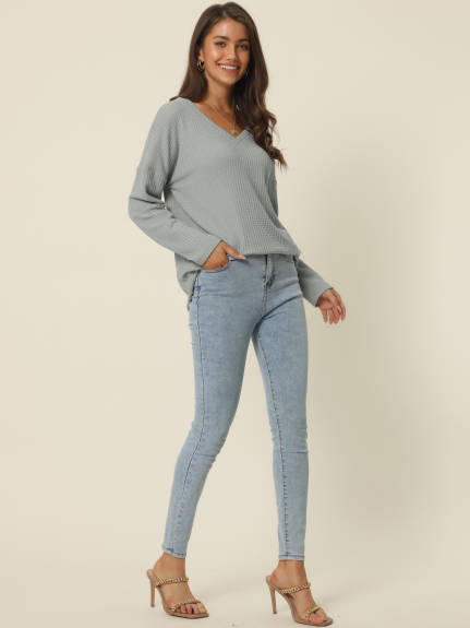 Allegra K- V Neck Waffle Knit Long Sleeve Slim Fit Top