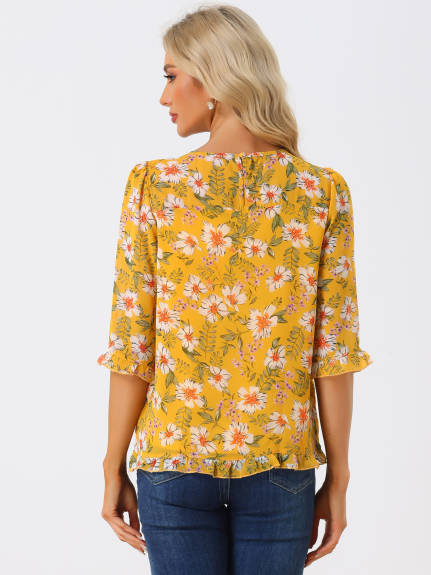 Allegra K- Floral Ruffled 3/4 Sleeve Chiffon Blouses