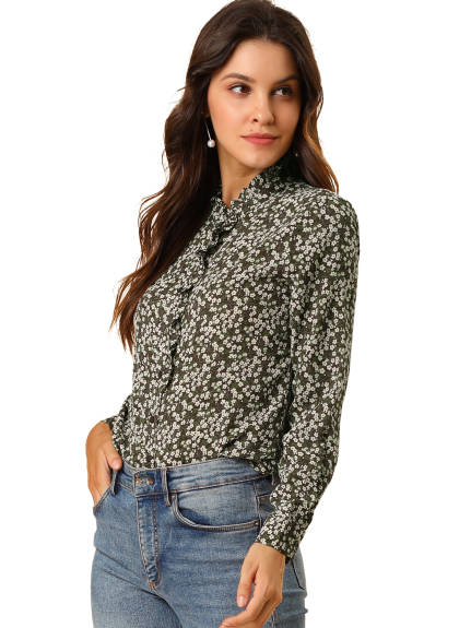 Allegra K- Floral Ruffle Stand Collar Long Sleeve Shirt