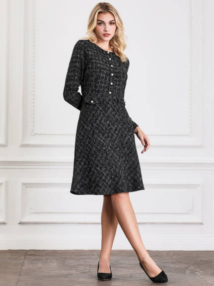 Hobemty - Tweed Long Sleeve A-Line Midi Dress